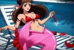 1girls ai ai_art ai_generated bra_removed breast_expansion breasts_out diving hair_color_change hair_growth mermaid mermaid_ears mermaid_tail metamorphosis no_sound pink_hair pool poolside potion red_bikini_top scales splash tagme tearing_clothes transformation transformed video