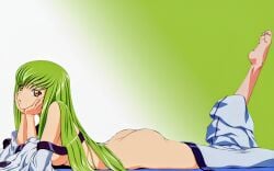 ass bare_feet bare_shoulders barefoot barefoot_female c.c. code_geass feet_up female_only green_hair looking_at_viewer lying_on_stomach partially_clothed solo_female waiting waiting_for_sex yellow_eyes
