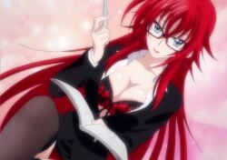 10s anime anime_screencap anime_screenshot big_breasts blue_eyes book bra bra_visible_through_clothes breasts cleavage collarbone crossed_bangs eyewear female female_focus glasses gradient_background high_school_dxd highres holding_pen large_breasts lingerie_bra lipstick long_hair long_sleeves makeup office_lady panties pantyhose pen red_bra red_hair red_panties rias_gremory screencap screenshot seductive seductive_look sitting smile solo stitched teacher teacher_outfit teasing third-party_edit tnk_(company) tutor unbuttoned unbuttoned_shirt underwear