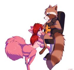 anklet anthro armor breasts digitigrade duo feline fellatio female fur guardians_of_the_galaxy hair head_grab kittyflame male mammal marvel oral pawpads paws penis pink_fur plain_background raccoon red_hair ringed_tail rocket_raccoon sex stool straight tail_band white_background