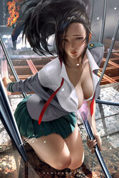 1girls 2019 artist_name big_breasts black_hair breasts brown_eyes busty cleavage clothed clothed_female clothes clothing dark_hair dated detailed_background english english_text female female_focus large_breasts long_hair looking_at_viewer momo_yaoyorozu my_hero_academia no_bra school_uniform shouto_todoroki signature skirt solo_focus superheroine text uncensored zumi