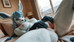 ai_generated anthro bed bedroom breasts eeveelution female glaceon inside lying lying_on_bed nipples nude on_back pillow pokemon pokemon_(species) pussy spread_pussy vulva