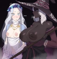 2girls areolae big_breasts blue_eyes breast_envy breast_size_difference breasts breasts_out closed_eyes clothed clothing dark-skinned_female dark_skin elden_ring elden_ring_nightreign exposed_breasts female female_only flower flower_crown fromsoftware hat huge_breasts inverted_nipples large_breasts light-skinned_female light_skin long_hair looking_at_another looking_at_breasts medium_breasts mochain nipples no_bra recluse_(nightreign) revenant_(nightreign) short_hair small_breasts staff steam sweat very_long_hair white_hair witch witch_hat