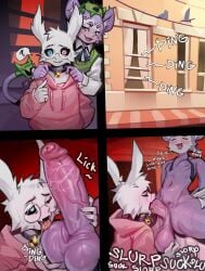 anthro arthropod ball_fondling ball_lick balls bell bell_collar big_balls big_penis bigplug clothing collar comic duo erection eyewear fellatio femboy fondling foreskin fur genitals glasses haplorhine heterochromia hi_res hoodie huge_balls huge_cock insects lepidopteran licking male male/male male_penetrated male_penetrating male_penetrating_male mammal moki_(mokimonky) monkey moth nacho_(nachokokoni) oral penetration penile penis pink_clothing pink_hoodie pink_topwear primate purple_body purple_fur round_glasses sex sweater sweater_vest tongue topwear vein veiny_penis vest