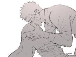 2boys anilingus artist_name belt blush clothes_pull commentary english_commentary facial_mark from_side gay gay_male greyscale highres male_focus monochrome multiple_boys naruto_(series) pants pants_pull short_hair simple_background spiked_hair sweat themidnights0ng top-down_bottom-up uchiha_sasuke uzumaki_naruto whisker_markings white_background yaoi zipper_pull_tab