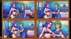 abigail_(stardew_valley) ai_generated aroused aroused_face bed bedroom blue_dress blush bra caroline_(stardew_valley) caught_by_mother comic comic_page comic_panel daughter embarrassed green_eyes green_hair incest lingerie mirror mother mother_and_daughter nervous no_dialogue older_woman_and_younger_girl panels picture_frame purple_eyes purple_hair purple_lingerie stardew_valley staring_at_breasts stockings touching_another touching_breast yuri