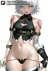 ai_generated bandage bare_shoulders fate/apocrypha fate/grand_order fate_(series) female female_only gloves jack_the_ripper_(fate/apocrypha) navel open_mouth panties panties_down short_hair simple_background solo standing thighhighs thighs thong trugprz