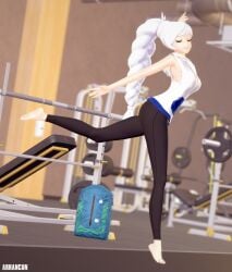 1girls arrancon backpack gym gym_clothes long_hair long_hair_female rwby solo_female stretching weights weiss_schnee white_hair white_hair_female