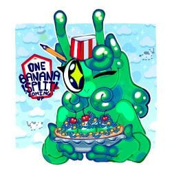 alien_anatomy alien_girl alien_humanoid almost_naked antennae antennae_(anatomy) cat_ears cat_girl digital_art food food_fetish food_on_body food_play green_body green_hair green_skin hat ice_cream morp_(biggusdickuss) original_artwork original_character presenting_breasts self_upload slime slime_girl smiling speech_bubble three_breasts whipped_cream whipped_cream_on_breasts winking