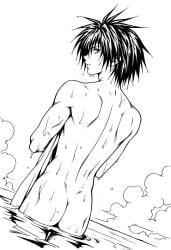 ai ai-created ai_art ai_assisted ai_generated ass back back_view black_and_white black_cat gay male male_focus male_only manga_style monochrome soaked solo_male submerged train_heartnet wet yabuki_kentarou