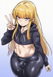 1boy 1femboy artist_request black_clothing blonde-haired_male blonde_hair blonde_male blue_eyes bulge character_request crop_top femboy long_hair mole peace_sign solo solo_male source_request tagme thick_thighs tight_clothing wide_hips