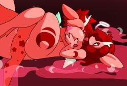 anthro antlers between_breasts big_breasts bodily_fluids breasts cum digital_media_(artwork) duo english_text face_between_breasts female fur genital_fluids gynomorph hair hi_res horn intersex larger_female luneth_(starrydraco) mammal nipples orange_body orange_fur pheromones red_hair sex simple_background size_difference smile sound_effects speech_bubble starry_(starrydraco) starrydraco tail text therrigon thick_thighs wings