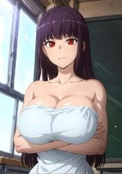 1girls ai_generated big_breasts breasts busty cleavage clothed clothing confident crossed_arms curvy female female_focus female_only hi_res highres large_breasts long_hair naked_towel please_don't_bully_me,_nagatoro pose posing president_(nagatoro) purple_hair red_eyes revealing_clothes sana_sunomiya simple_background smile solo subaruarm tagme towel upper_body voluptuous wide_hips