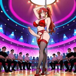 ai_generated balls_in_panties banknote big_balls big_breasts big_cock big_penis bra crowd erection futanari garter_belt glasses heels huge_balls huge_breasts huge_cock large_balls large_breasts large_cock large_penis lingerie long_hair meimeg nightclub oc original_character pole pole_dancing ponytail public red_eyes red_hair stockings stripclub