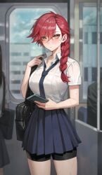 ai_generated big_ass big_breasts fit_female gyaru long_hair maenoo miniskirt oblivious_sexualization pale-skinned_female pale_skin pleated_skirt red_hair shorts_under_skirt skirt tomboy wholesome yellow_eyes