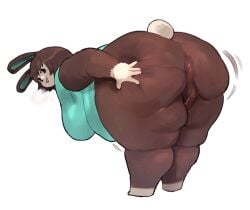 2026 5_fingers animal_crossing anthro anus ass big_breasts big_butt black_nose blush bottomless breasts brown_body brown_fur brown_hair buckteeth butt_squish carmen_(animal_crossing) clothed clothing fapolantern female fingers fur genitals hair hand_on_butt hanging_breasts lagomorph leporid mammal motion_lines nintendo overweight overweight_anthro overweight_female presenting presenting_hindquarters rabbit scut_tail short_tail simple_background smile solo squish tail teeth vulva white_background