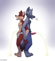 absurd_res animal_genitalia animal_penis anthro balls bodily_fluids bottomwear canid canine canine_genitalia canine_penis canis clothed clothing digital_media_(artwork) digitigrade dishka duo erection feet fingers fox fur genital_fluids genitals half-closed_eyes hand_holding hi_res looking_back looking_pleasured male male/male male_peeing mammal narrowed_eyes nude open_bottomwear open_clothing open_mouth open_pants pants pants_only peeing peeing_on_ground peeing_together penis simple_background smile standing tail teeth toes tongue tongue_out topless topless_anthro topless_male underwear underwear_only urine urine_on_ground urine_pool urine_stream watersports wet wet_clothing wet_underwear wolf