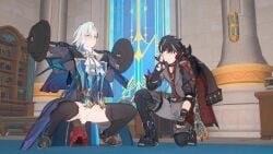 animated cumming duo fingering gauntlets genshin_impact kiryuma lifting male male_only mosaic_censoring multiple_males neuvillette_(genshin_impact) no_sound penis shaking_head squirting tagme video wriothesley_(genshin_impact)