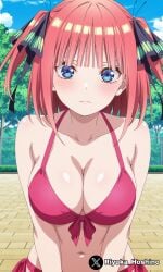 1girls ai_generated big_breasts bikini cupless_bra female female_only go-toubun_no_hanayome nakano_nino pink_hair riyoka_hoshino shy solo