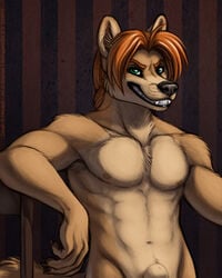 1boy abs anthro brown_hair canine fur furry green_eyes hair looking_at_viewer male male_only mammal muscles nipples pecs penis rape_face sheath shinigamigirl solo tan_fur zaush_(character)