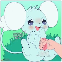 absurd_res ambiguous_gender animal_ears ass balls blush butt_from_the_front cloudeon dialogue faceless_character fingers fur genitals glistening glistening_eyes handjob hi_res human male male/ambiguous mammal open_mouth paws penile penis pupils semi-anthro sex sitting smile solo_focus text