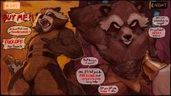 absurd_res angry anthro armpit_hair bodily_fluids body_hair brown_body brown_fur bulge clothing dialogue english_text fanofthefurr front_view fur genital_fluids guardians_of_the_galaxy hi_res jumpsuit male mammal marvel muscular muscular_anthro muscular_male precum precum_through_clothing procyonid raccoon rocket_raccoon seductive solo sweat text tight_clothing wet wet_clothing whiskers