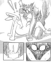 absurd_res angry anthro beastars bodily_fluids breasts canid canine canis comic creepy_face cum cum_on_penis dragonweirdo female genital_fluids genitals gunshot_wound haru_(beastars) hi_res holding_leg imminent_sex lagomorph legoshi_(beastars) leporid male male/female mammal muzzle_(object) muzzled nervous nipples penis prodding rabbit scar scary shocked sweat tattoo vein veiny_penis vulva wolf