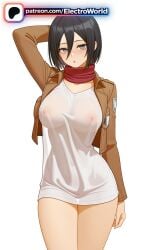 1girls 2026 ai_generated artist_name attack_on_titan black_hair blush breasts brown_jacket bust chest covered_nipples electroworld emblem exposed_nipples female hi_res high_quality high_resolution highres jacket mikasa_ackerman nipples nipples_outside paradis_military_uniform patreon patreon_username red_scarf scarf see-through shingeki_no_kyojin shirt short_hair solo stable_diffusion watermark white_background