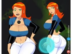 1girls aged_up artist_name ass barely_contained barely_contained_breasts ben_10 big_ass big_breasts big_butt breasts cleavage earrings female female_only ghostlessm green_eyes gwen_tennyson hand_on_hip hourglass_figure huge_breasts large_ass large_breasts large_butt looking_at_viewer mature mature_female midriff midriff_baring_shirt milf navel necklace orange_hair panties panty_straps patreon_logo patreon_username pierced_ears piercing pixiv_logo pixiv_username simple_background solo solo_female thick thick_ass thick_thighs thighs wide_hips