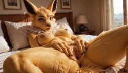 ai_generated anthro bed bedroom breasts eeveelution female inside jolteon lying lying_on_bed nipples nude on_back pillow pokemon pokemon_(species) pussy spread_pussy vulva