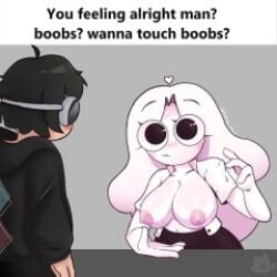 black_hair blush blushing_male brown_body calce chilean chilean_male colombian_female doitindiconsfw_(artist) glasses glasses_on_face glasses_on_head hispanic_female looking_at_breasts showing_breasts showing_off_breasts white_hair xiaro youtube_hispanic