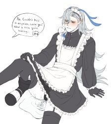 1boy crossdressing english english_text femboy garter_straps genshin_impact grabbing_thigh lifting_skirt light-skinned_male maid_dress maid_uniform male male_only neuvillette_(genshin_impact) omorashi peeing solo text_bubble thigh_grab wetting wetting_self wriothesley_(genshin_impact)