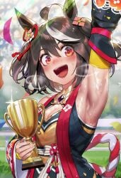 ahoge ai_generated animal_ears armpits big_thighs black_hair black_thighhighs blush breasts curves curvy curvy_body curvy_figure female hair_between_eyes hair_ornament horse_ears horse_girl japanese_clothes kimono kitasan_black_(umamusume) large_thighs looking_at_viewer multicolored_hair naticai pussy red_eyes shiny_skin short_hair solo sweat thick_thighs thighhighs umamusume umamusume_pretty_derby uncensored voluptuous white_hair wide_hips