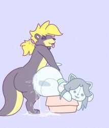 accessory ambiguous_gender animate_inanimate anthro ass black_body blonde_hair bodily_fluids box butt_grab button_(fastener) button_eyes cardboard cardboard_box collar container cum cum_in_object cum_in_plushie cum_inside cum_on_body cum_on_ground cum_overflow duo facial_piercing female feral from_behind_position genital_fluids hair hair_accessory hair_tie hand_on_butt hi_res intersex intersex/female jellybeankofi looking_pleasured mammal multicolored_tongue mustelid nose_piercing nose_ring otter penetration piercing plushie ring_piercing roffa sex stitch_(sewing) temmie_(species) temmie_(undertale) tongue tongue_out undertale undertale_(series) vaginal_penetration x-ray_view yellow_body