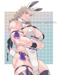 abuto alternate_costume amputated_arm amputee armband bara big_pecs blonde_hair bulge bunny_ears bunny_tail china_dress chinese_clothes crossdressing embarrassed facial_hair gintama huge_pecs kyu_717 light_brown_hair long-haired_male long_hair male male_only masculine_crossdresser mullet muscular muscular_male pecs pectoral_cleavage pelvic_curtain smile solo stubble sweatdrop thick_thighs thigh_strap thighhighs veiny_muscles
