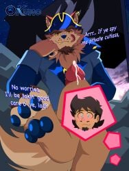 2boys 3_toes animal_genitalia anthro anthro_focus beard blue_clothing blue_eyes blue_eyes_male blue_hat blue_jacket blue_nose blue_pawpads blush bodily_fluids brown_body brown_fur brown_hair canid canine canon_x_oc claws clothes clothing coyote crossed_legs crossed_legs_(sitting) cum dialogue digital_media_(artwork) duo ear_ring earring english english_dialogue english_text facial_hair fangs feet feet_fetish fetish flag foot_fetish fur furry furry_focus furry_male gay genital_fluids hat human implied_gay indigo_park jacket jpeg licking_lips looking_at_viewer male male_furry male_only masculine masculine_male moustache neck_fluff neck_fur night_sky night_time nighttime oc oc_x_canon ocxcanon oerba_yun_fang offscreen_character only_male original_character outdoors paw_fetish paw_pads pawpads paws pierced_ear piercing pink_tongue pirate pirate_flag pirate_hat precum precum_drip red_eyes rock rocks scar semen sharp_teeth sitting sitting_down skurv_the_coyote_(indigo_park) sky solo_focus stars tongue tongue_out video_games yellow_sclera yellow_teeth