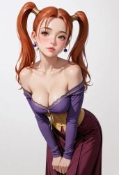 ai_generated big_breasts blush brown_eyes cleavage cute earrings jessica_albert leaning_forward light-skinned_female light_skin lips purple_shirt red_hair red_skirt sexy sexy_pose shoulderless_shirt shoulders yellow_corset