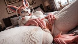 ai_generated anthro bed bedroom breasts eeveelution female inside lying lying_on_bed nipples nude on_back pillow pokemon pokemon_(species) pussy spread_pussy sylveon vulva