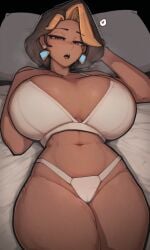 ai_generated bambai before_sex big_breasts bra cameltoe curvy dark-skinned_female dark_skin domina earrigns huge_breasts imminent_sex indian indian_female navel on_back on_bed overwatch overwatch_2 panties thick thick_thighs thong two-tone_hair white_bra white_thong