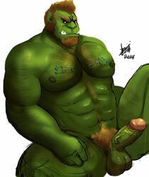 2014 abs balls beard biceps bin_(artist) chest_tuft dripping erection facial_hair fangs fur humanoid humanoid_penis male male_only muscles nipples nude orc orc_male pecs penis plain_background precum pubes solo solo_male tuft