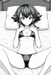 black_hair breasts cameltoe girls_und_panzer micro_bikini nipples_visible_through_clothing pepperoni_(girls_und_panzer) pussy short_hair spreading