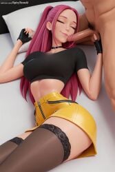 1boy ai_generated black_gloves black_legwear black_shirt black_thighhighs breasts choker closed_eyes clothed_female_nude_male crop_top earrings eyeshadow female fingerless_gloves gloves handjob hi_res high_quality high_resolution jewelry k/da_(league_of_legends) kpop_demon_hunters lips long_hair makeup midriff miniskirt mira_(kpop_demon_hunters) patreon patreon_username penis pink_hair ponytail pubic_hair seductive sexy short_sleeves skirt solo_focus spicytoonai straight thighhighs uncensored watermark web_address yellow_skirt