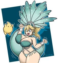 alternate_hairstyle blonde_hair blue_eyes carnival_outfit chabble large_breasts luma mario_(series) nintendo rosalina tagme