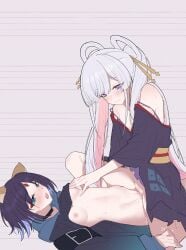 2girls animal_ears black_choker black_hair blue_eyes blush breasts chinese_commentary choker chou_kaguya-hime! closed_mouth clothes_lift commentary_request cowgirl_tribadism female female/female female_only forehead_jewel grey_background hair_rings highres lesbian_sex long_hair medium_breasts multiple_girls nipple_stimulation nipples off_shoulder open_mouth pink_hair pussy pussy_grinding pussy_juice pussy_on_pussy pussy_to_pussy runami_yachiyo sakayori_iroha saliva shaved_pussy shirt_lift short_hair spread_legs strap_slip sweat trembling tribadism twintails white_hair yun_cao_bing yuri