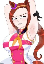 2026 animal_ears armpit armpit_fetish armpit_focus armpits arms_up bakushin_o_armpit_gif_(meme) black_eyes brown_hair fetish gloves gold_hairband hand_on_head hand_up hi_res highres horse horse_girl looking_at_viewer meme musk naughty naughty_face neckerchief no_background polxnart_(artist) ponytail presenting_armpit sakura_bakushin_o_(umamusume) sleeveless sleeveless_jacket smug smug_face solo steam steaming_armpits steaming_body steamy sweatdrop sweating umamusume umamusume_pretty_derby upper_body white_gloves