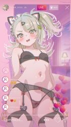 1girl 1girls angels_of_delusion animal_ears bangs black_bra black_panties blush bow bow_panties bra breasts cameltoe cat_ears chromatic_aberration cowboy_shot earrings fake_animal_ears female from_below garter_belt green_hair hair_ornament hairclip heart highleg jewelry long_hair looking_at_viewer maid_headdress nail_polish navel neurotic_neko open_mouth panties small_breasts solo standing stomach sunna_(afternoon_tea_break)_(zenless_zone_zero) sunna_(zenless_zone_zero) teeth thighhighs underwear underwear_only yellow_eyes zenless_zone_zero