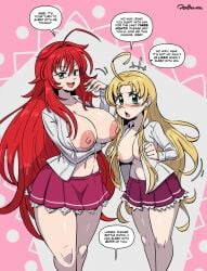 2girls ahoge areolae asia_argento blonde_hair blue_eyes blush breasts english_dialogue english_text gradient_background green_eyes high_school_dxd hyoudou_issei joaoppereiraus large_breasts long_hair looking_at_viewer nipples no_bra open_clothes open_mouth open_smile red_hair rias_gremory skirt smiling smiling_at_viewer speech_bubble text_bubble