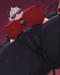 ai_generated baxx15 black_belt black_horns black_jacket black_necktie black_pants black_tail cameltoe close_up collared_shirt covered_nipples demon_horns demon_tail erect_nipples_under_clothes expressionless female fingerless_gloves helltaker huge_ass huge_breast impossible_clothes impossible_fit jacket_on_shoulders justice_(helltaker) looking_at_viewer looking_down_at_viewer low-angle_view naval nipples_visible_through_clothing perfect_body pussy_focus red_backround red_bandana red_gloves red_shirt sexy_pose short_hair short_ponytail short_sleeves solo sunglasses thick_thighs tie_clip venus_body viewed_from_below voluptuous_body white_eyes white_hair wide_hips