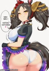 ai_generated animal_ears big_breasts black_hair bright_eyes buttocks costume curly_hair female horse_girl looking_back_at_viewer marvelous_sunday_(umamusume) outfit ribbon shaking_ass shobu-fuku_(umamusume) smiling twintails umamusume umamusume_pretty_derby white_panties yellow_eyes