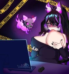 1girls big_breasts black_hair breasts breasts_out computer computer_monitor computer_mouse cosplay female female_only glasses goddess_of_victory:_nikke horny label_(nikke) large_breasts long_hair meme neet purple_eyes purple_hair self_breast_sucking sinder_(vtuber) solo_female sucking_breasts_meme sucking_nipples two-tone_hair